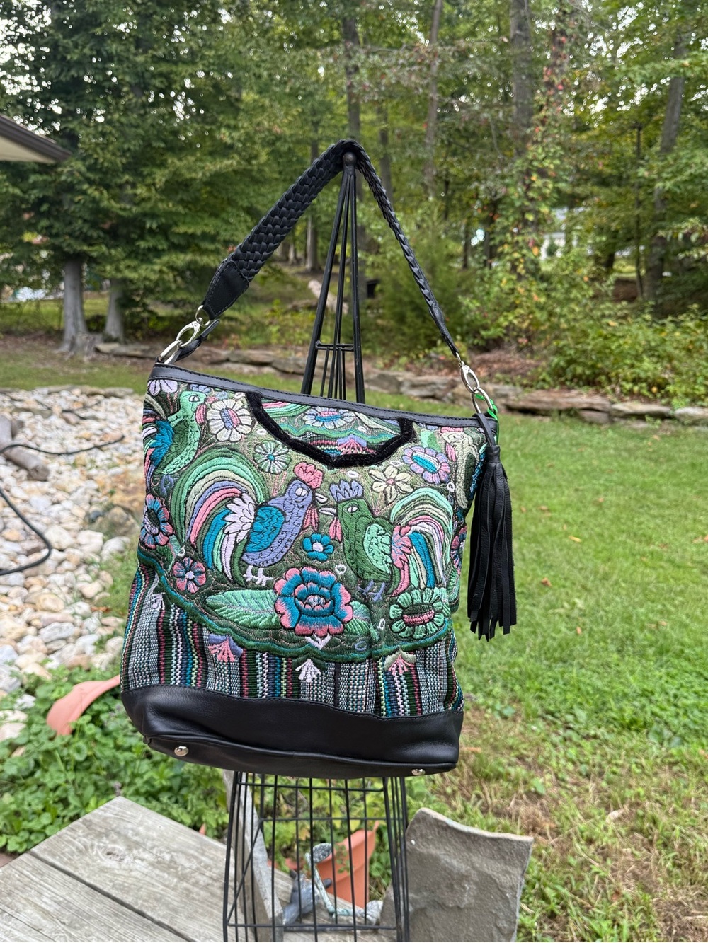 Embroidered Floral & Rooster Shoulder Bag in Green